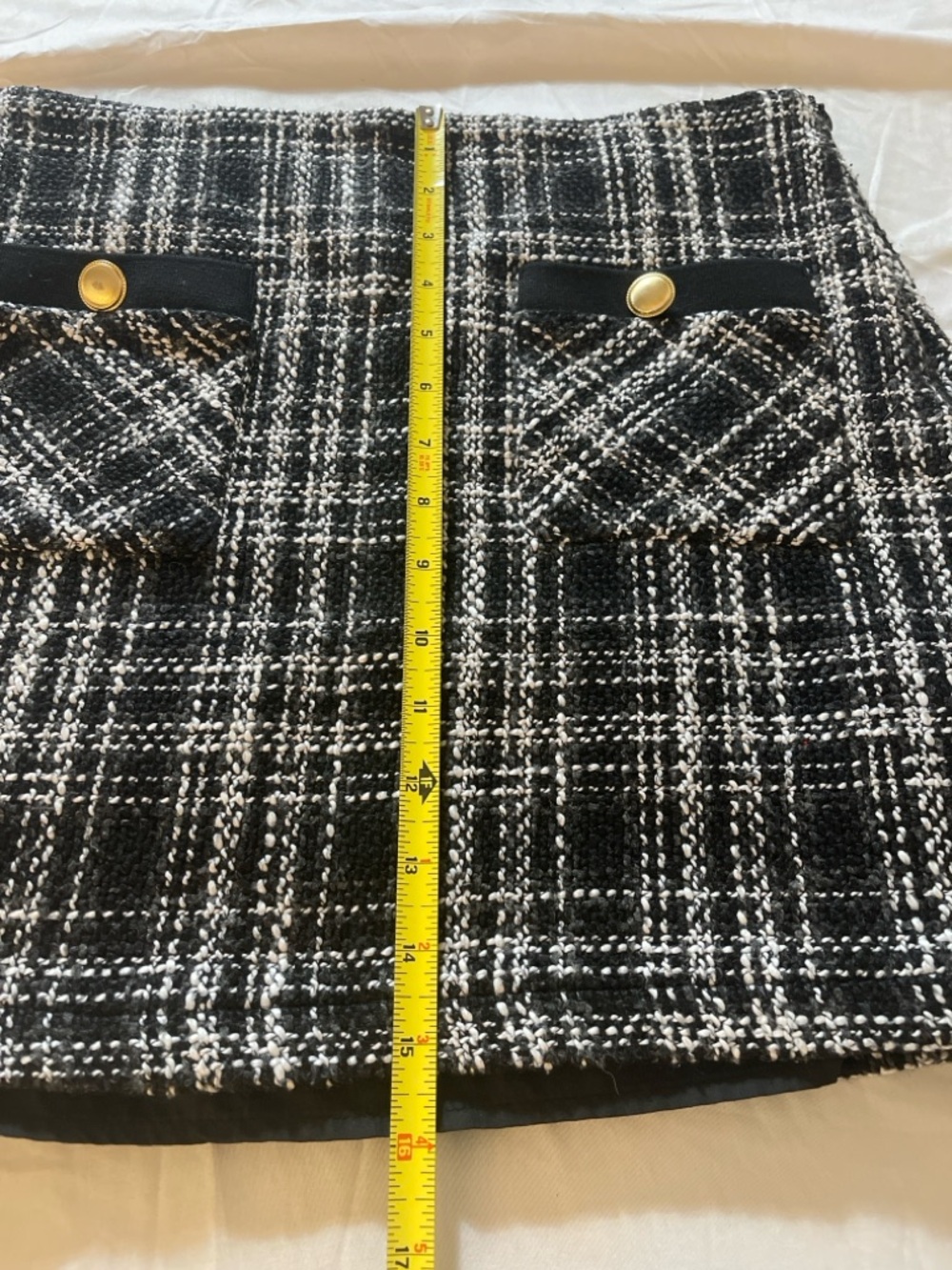 Forever 21 Black White Tweed Mini Skirt Plaid Gold Button Pocket Lined Size L - Picture 5 of 9